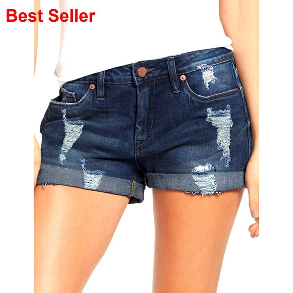Ripped Denim Jean Shorts High Waisted Stretchy Folded Hem